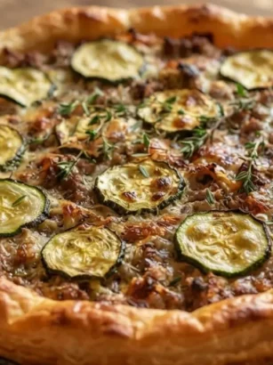 Torta salata con tonno, zucchine e scamorza appena sfornata su tagliere di legno
