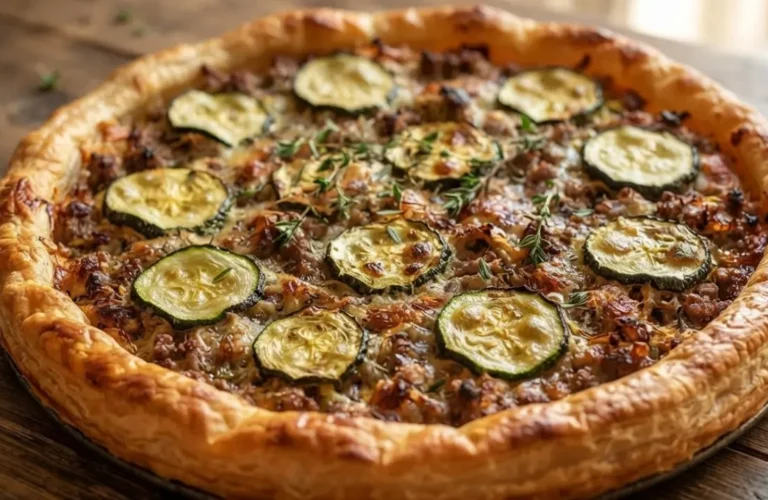 Torta salata con tonno, zucchine e scamorza appena sfornata su tagliere di legno