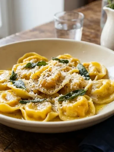 Piatto fondo di ceramica con tortelli di zucca alla mantovana conditi con burro fuso, salvia croccante e parmigiano su tavolo da cucina