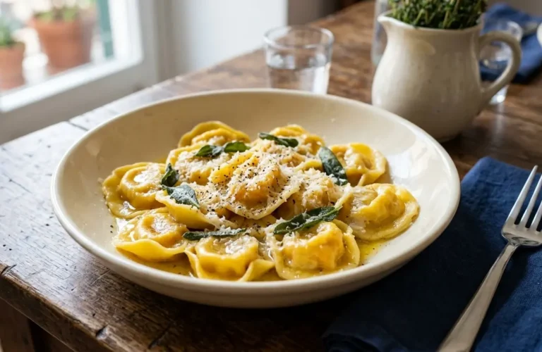 Piatto fondo di ceramica con tortelli di zucca alla mantovana conditi con burro fuso, salvia croccante e parmigiano su tavolo da cucina