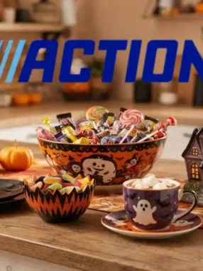 Vetrina di prodotti da cucina per Halloween in vendita da Action, con ciotole, tazze e decorazioni a tema e il logo blu dell'azienda sullo sfondo.