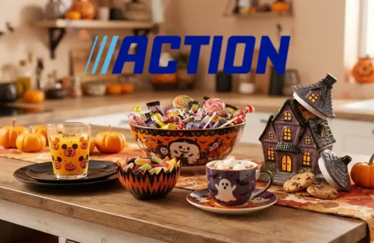Vetrina di prodotti da cucina per Halloween in vendita da Action, con ciotole, tazze e decorazioni a tema e il logo blu dell'azienda sullo sfondo.