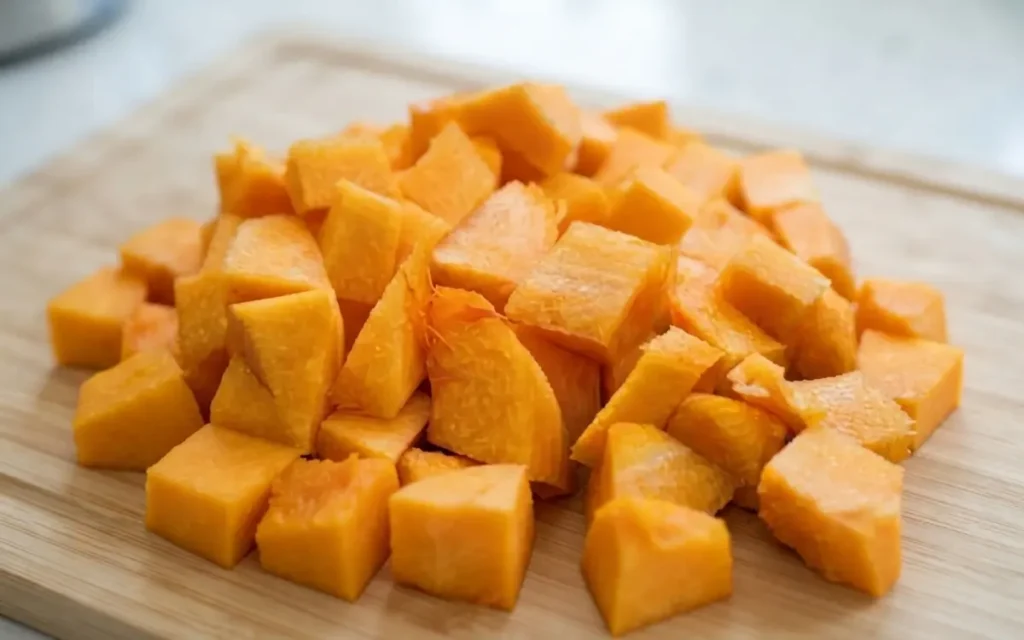 Cubetti di zucca delica fresca tagliata su un tagliere di legno chiaro, perfetti per un minestrone autunnale detox e drenante.