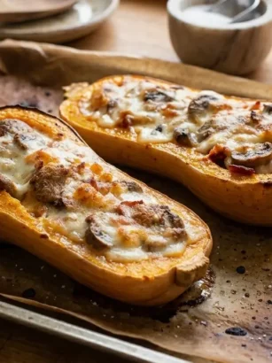Teglia da forno con carta brunita e due metà di zucca butternut ripiene di salsiccia, funghi e provola fusa appena sfornate su un tavolo da cucina