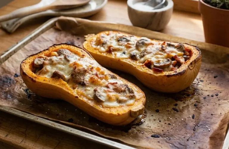 Teglia da forno con carta brunita e due metà di zucca butternut ripiene di salsiccia, funghi e provola fusa appena sfornate su un tavolo da cucina