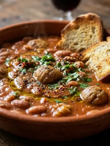 Primissimo piano di una ciotola di terracotta con zuppa di fagioli e castagne alla silana e pane tostato