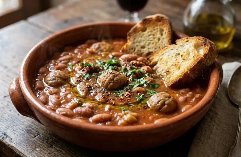 Primissimo piano di una ciotola di terracotta con zuppa di fagioli e castagne alla silana e pane tostato